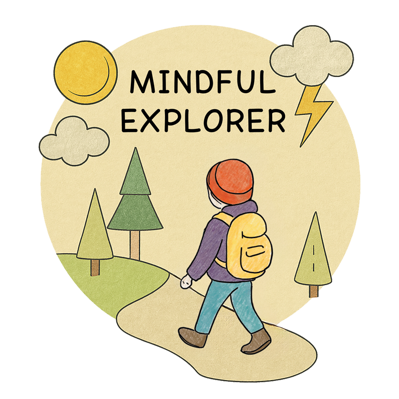 Mindful Explorer kids mindfulness graphic – child hiking with backpack in nature illustration.