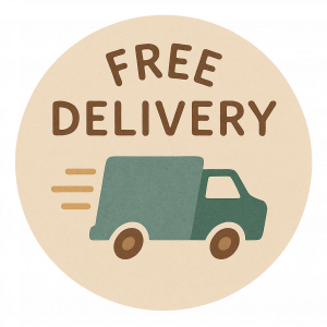 Free Delivery badge with illustrated green delivery van.